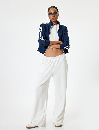 Fermuarlı Crop Sweatshirt Biyeli Dik Yaka Şardonlu 