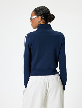 Fermuarlı Crop Sweatshirt Biyeli Dik Yaka Şardonlu 