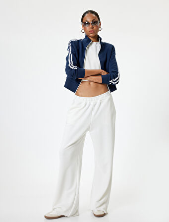 Fermuarlı Crop Sweatshirt Biyeli Dik Yaka Şardonlu 