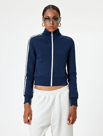Fermuarlı Crop Sweatshirt Biyeli Dik Yaka Şardonlu 