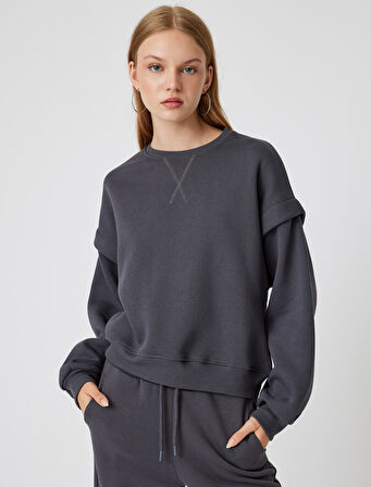 Basic Oversize Sweatshirt Uzun Kollu Bisiklet Yaka Dikiş Detaylı