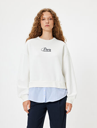 Oversize Sweatshirt Bisiklet Yaka Sloganlı Kumaş Detaylı