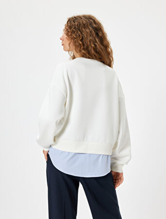 Oversize Sweatshirt Bisiklet Yaka Sloganlı Kumaş Detaylı