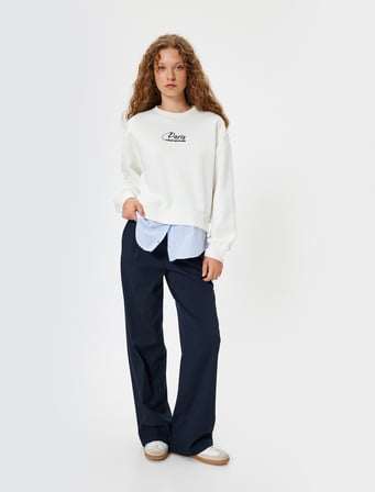 Oversize Sweatshirt Bisiklet Yaka Sloganlı Kumaş Detaylı