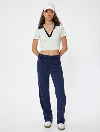 Oversize Eşofman Altı Bol Paça Beli Bağcıklı Fırfır Detaylı Cepli