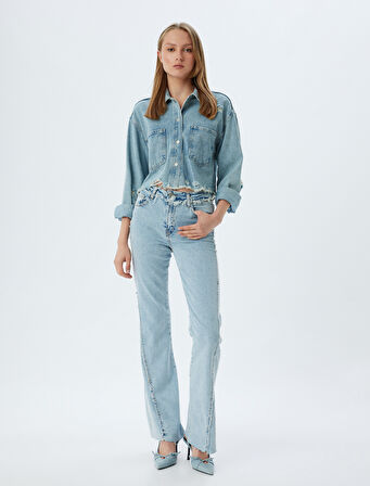 Normal Bel Slim Fit İspanyol Paça Düğmeli Kot Pantolon - Flare Jean