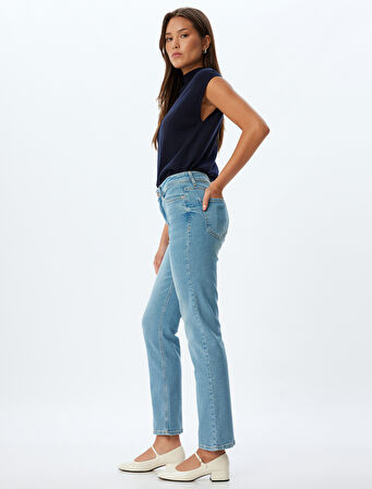 Slim Fit Kot Pantolon Düz Paça Normal Bel Düğmeli Cepli Pamuklu - Slim Straight Fit Jeans