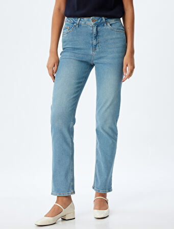 Slim Fit Kot Pantolon Düz Paça Normal Bel Düğmeli Cepli Pamuklu - Slim Straight Fit Jeans