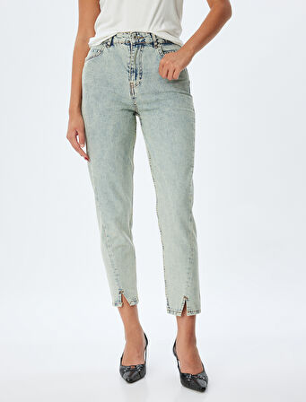 Mom Fit Kot Pantolon Standart Bel Yırtmaç Detaylı Düğmeli Cepli Pamuklu - Mom Fit Jeans