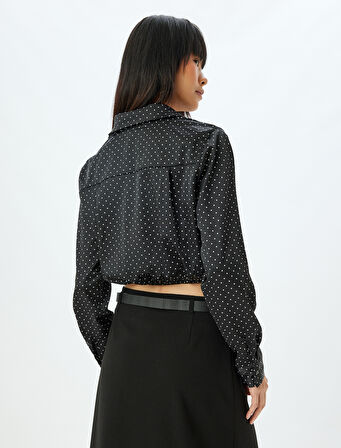 Crop Gömlek Uzun Kollu Puantiyeli Düğmeli Klasik Yaka Slim Fit Beli Lastikli