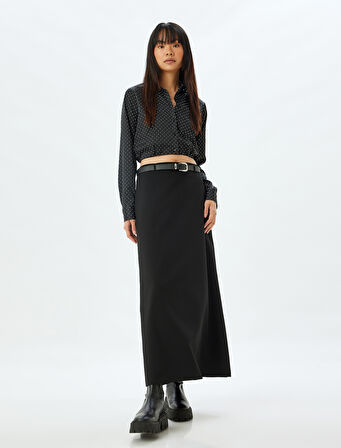 Crop Gömlek Uzun Kollu Puantiyeli Düğmeli Klasik Yaka Slim Fit Beli Lastikli