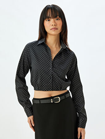 Crop Gömlek Uzun Kollu Puantiyeli Düğmeli Klasik Yaka Slim Fit Beli Lastikli