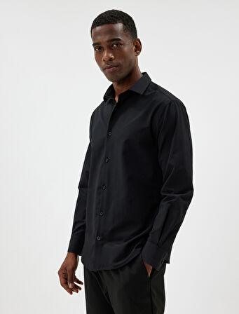 Yarım İtalyan Yaka Gömlek Basic Uzun Kollu Pamuk Karışımlı