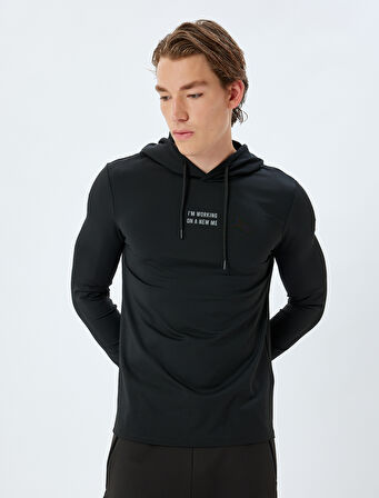 Spor Sweatshirt Kapşonlu Slogan Baskılı İnterlok Kumaş