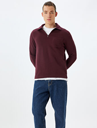 Polo Yaka Sweatshirt Basic Uzun Kollu Cep Detaylı Pamuk Karışımlı