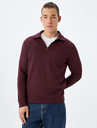 Polo Yaka Sweatshirt Basic Uzun Kollu Cep Detaylı Pamuk Karışımlı