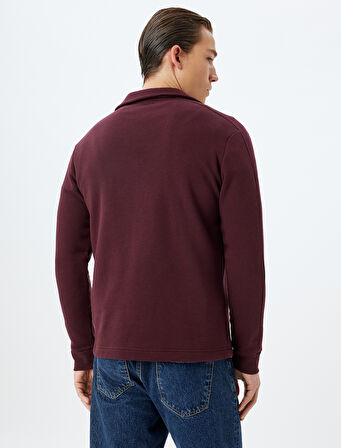 Polo Yaka Sweatshirt Basic Uzun Kollu Cep Detaylı Pamuk Karışımlı