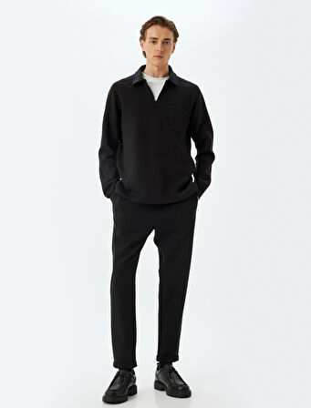 Polo Yaka Sweatshirt Basic Uzun Kollu Cep Detaylı Pamuk Karışımlı