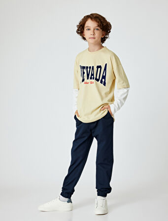 Tişört Kolej Baskılı Uzun Kollu Bisiklet Yaka Pamuklu