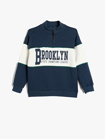 Sweatshirt Dik Yaka Yarım Fermuarlı Baskı Detaylı Uzun Kollu