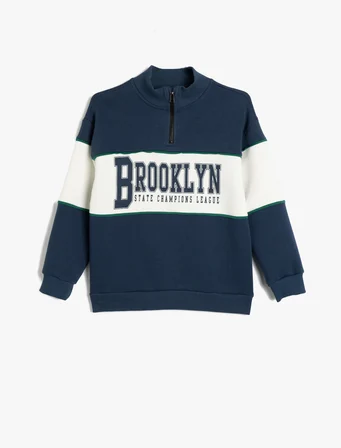 Sweatshirt Dik Yaka Yarım Fermuarlı Baskı Detaylı Uzun Kollu