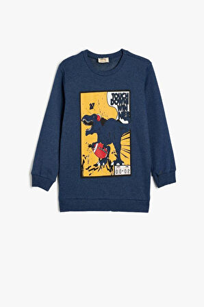 Koton Erkek Çocuk Sweatshirt Dinozor Baskılı Bisiklet Yaka Uzun Kollu Şardonlu