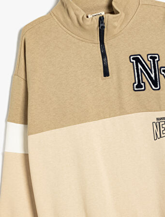 Sweatshirt Dik Yaka Yarım Fermuarlı Uzun Kollu Renk Bloklu Şardonlu