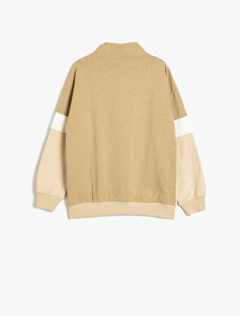 Sweatshirt Dik Yaka Yarım Fermuarlı Uzun Kollu Renk Bloklu Şardonlu