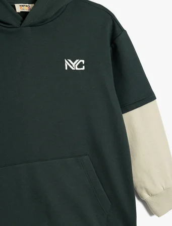 Kapşonlu Sweatshirt Baskı Detaylı Uzun Kollu Pamuklu