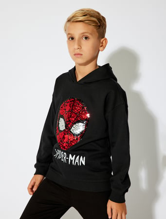 Örümcek Adam Kapşonlu Sweatshirt Pullu Payetli Lisanslı Uzun Kollu
