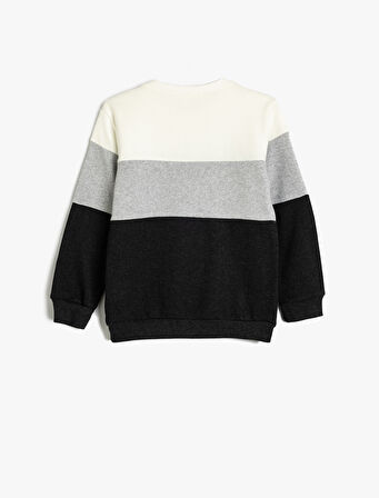 Sweatshirt Renk Bloklu Bisiklet Yaka Slogan Baskılı
