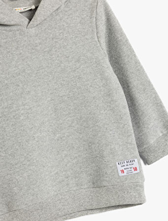 Basic Kapşonlu Sweatshirt Uzun Kollu Bisiklet Yaka Dokulu