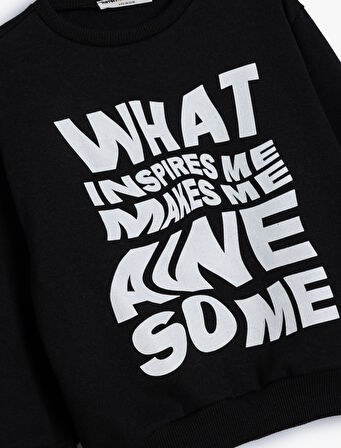 Slogan Baskılı Uzun Kollu Bisiklet Yaka Sweatshirt