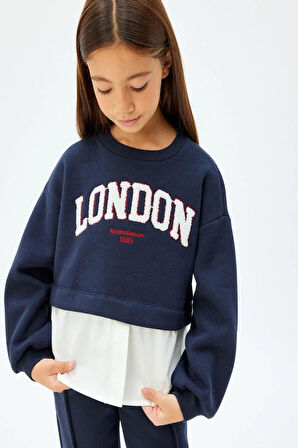 Koton Kız Çocuk Sweatshirt London Şehir Baskılı Bisiklet Yaka Gömlek Etek Ucu Detaylı Şardonlu