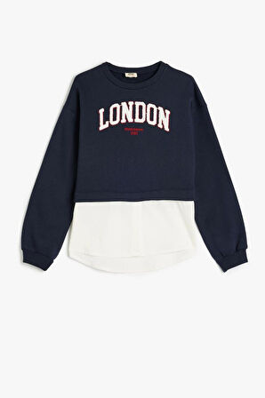 Koton Kız Çocuk Sweatshirt London Şehir Baskılı Bisiklet Yaka Gömlek Etek Ucu Detaylı Şardonlu