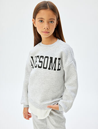 Sweatshirt Baskılı Bisiklet Yaka Gömlek Etek Ucu Detaylı Şardonlu 