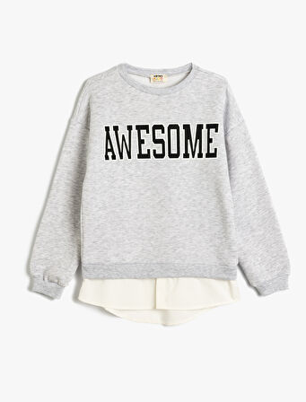 Sweatshirt Baskılı Bisiklet Yaka Gömlek Etek Ucu Detaylı Şardonlu 