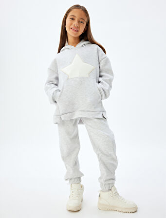 Kapşonlu Sweatshirt Kanguru Cepli Uzun Kollu Yıldız Baskılı Şardonlu