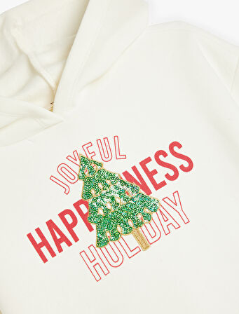 Kapşonlu Sweatshirt Yılbaşı Baskılı Sim Detaylı Şardonlu