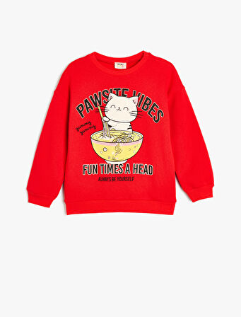 Sweatshirt Bisiklet Yaka Kedi Baskılı