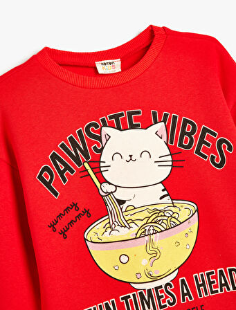 Sweatshirt Bisiklet Yaka Kedi Baskılı