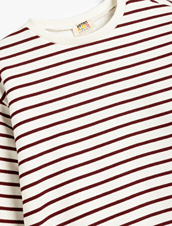 Basic Çizgili Sweatshirt Uzun Kollu Bisiklet Yaka Pamuklu