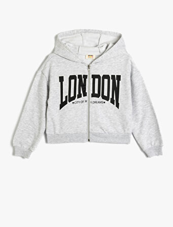 Fermuarlı Crop Sweatshirt Kapşonlu Baskı Detaylı Şardonlu