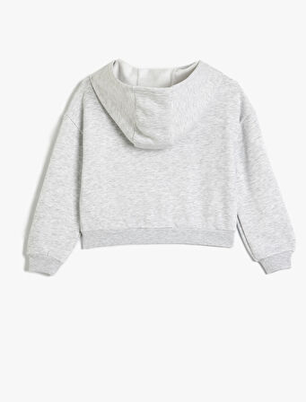 Fermuarlı Crop Sweatshirt Kapşonlu Baskı Detaylı Şardonlu