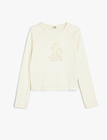 Tişört Uzun Kollu Aplike Detaylı Bisiklet Yaka Pamuklu