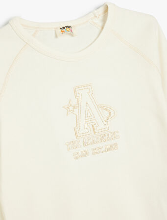 Tişört Uzun Kollu Aplike Detaylı Bisiklet Yaka Pamuklu