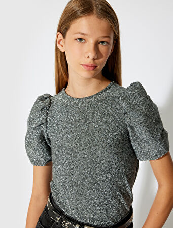 Bluz Kısa Balon Kollu Bisiklet Yaka Viskon Karışımlı