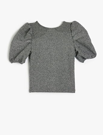 Bluz Kısa Balon Kollu Bisiklet Yaka Viskon Karışımlı