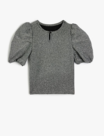 Bluz Kısa Balon Kollu Bisiklet Yaka Viskon Karışımlı