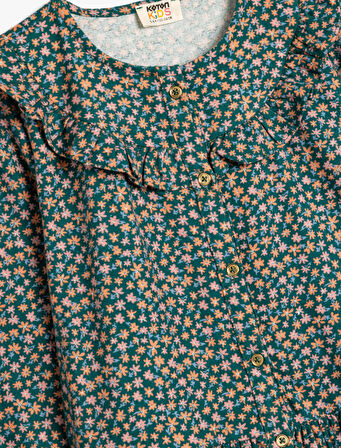 Çiçekli Elbise Bebe Yaka Uzun Kollu Pamuklu